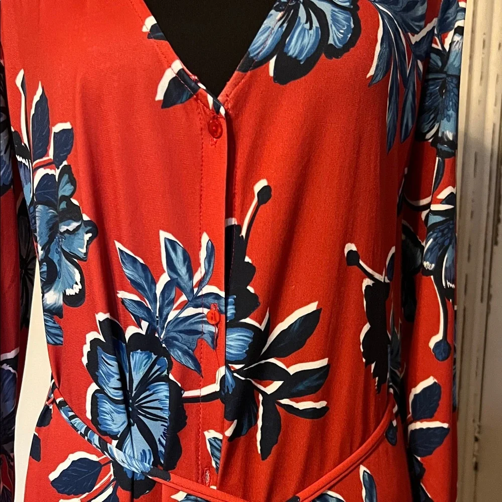 Zara Vibrant Red and Blue Floral Long Sleeve  Maxi Dress - Picture 3 of 7